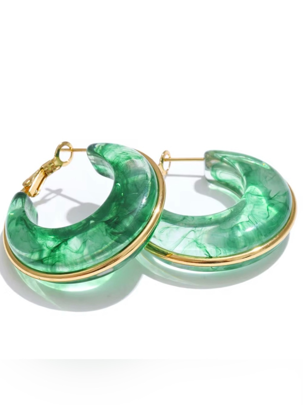 Green Resin Hoop Earrings with Gold Accent
